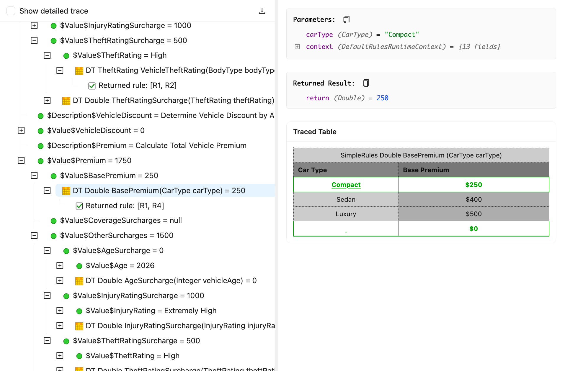 OpenL Studio rule trace view
