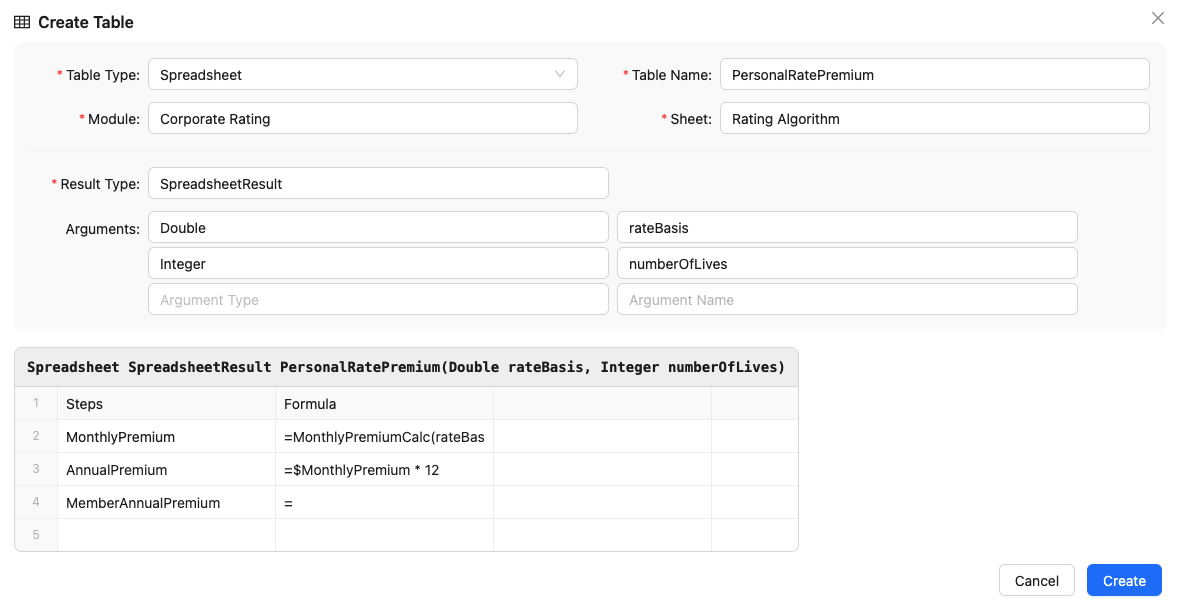 Table creation dialog