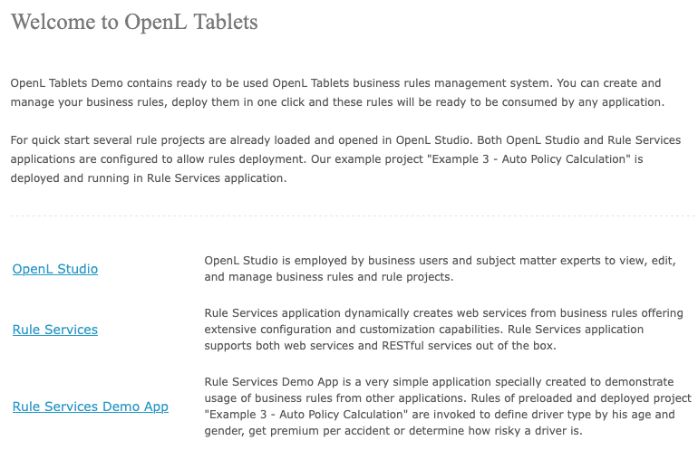 OpenL Tablets Demo welcome page