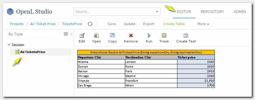 Figure 9: Air Tickets Price Decision table in Rules Editor