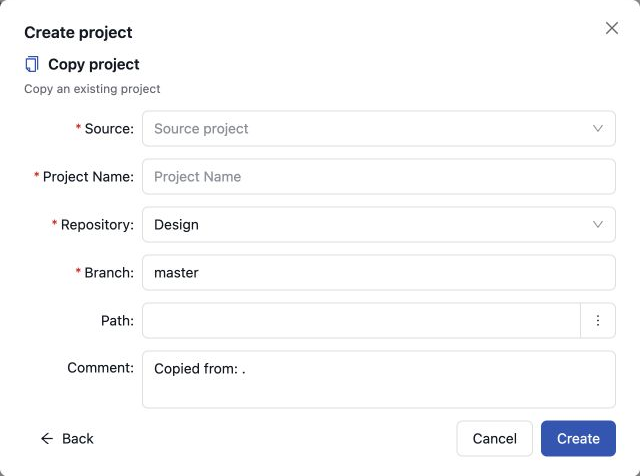 Copying a project Configuring a project copy and its target branch