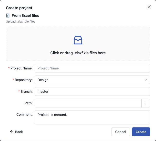 Creating a project from Excel files Configuring an Excel project and its target branch