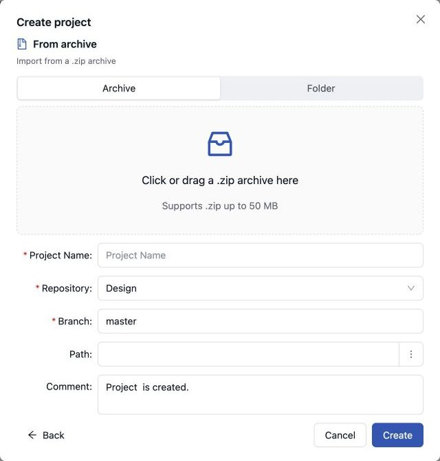 Creating a project from a ZIP file Configuring an archive project and its target branch