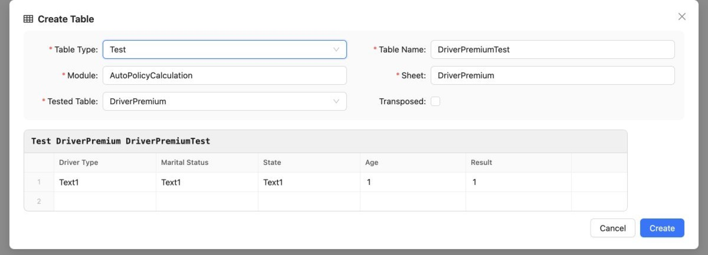 Generated Test Table Skeleton