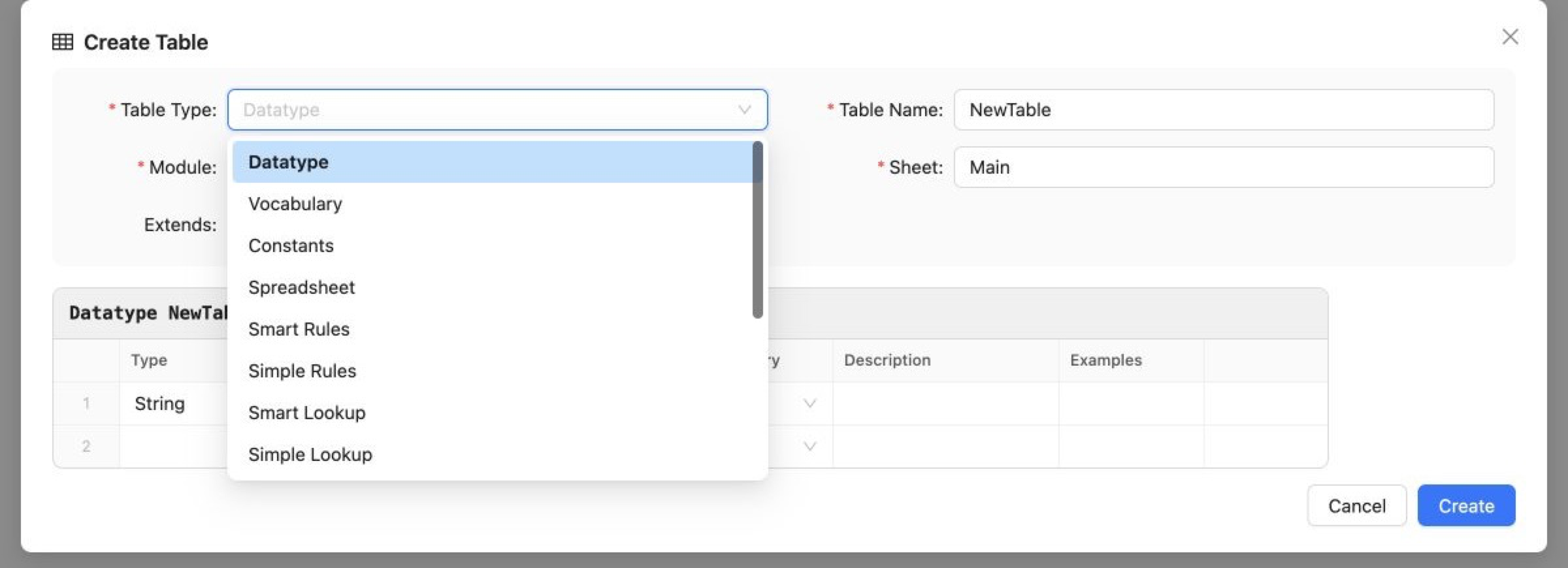 Table Type List