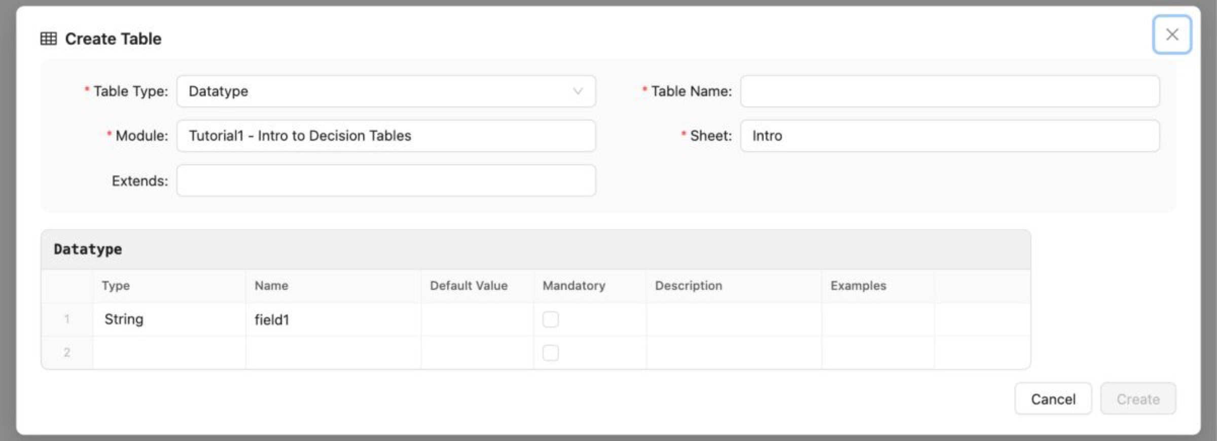 Create Table Window