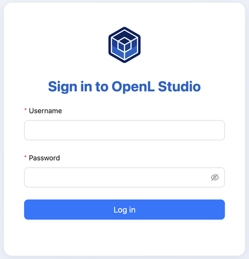 OpenL Studio login form with username and password fields and a Sign in button