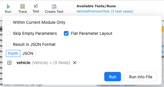 Running a table Run button in the table toolbar with the panel open