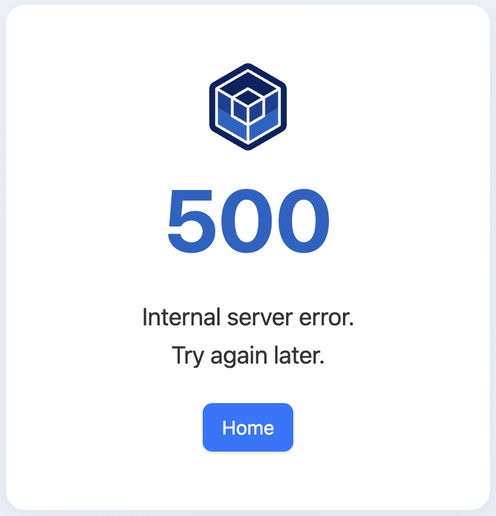 500 Server Error page with Home button