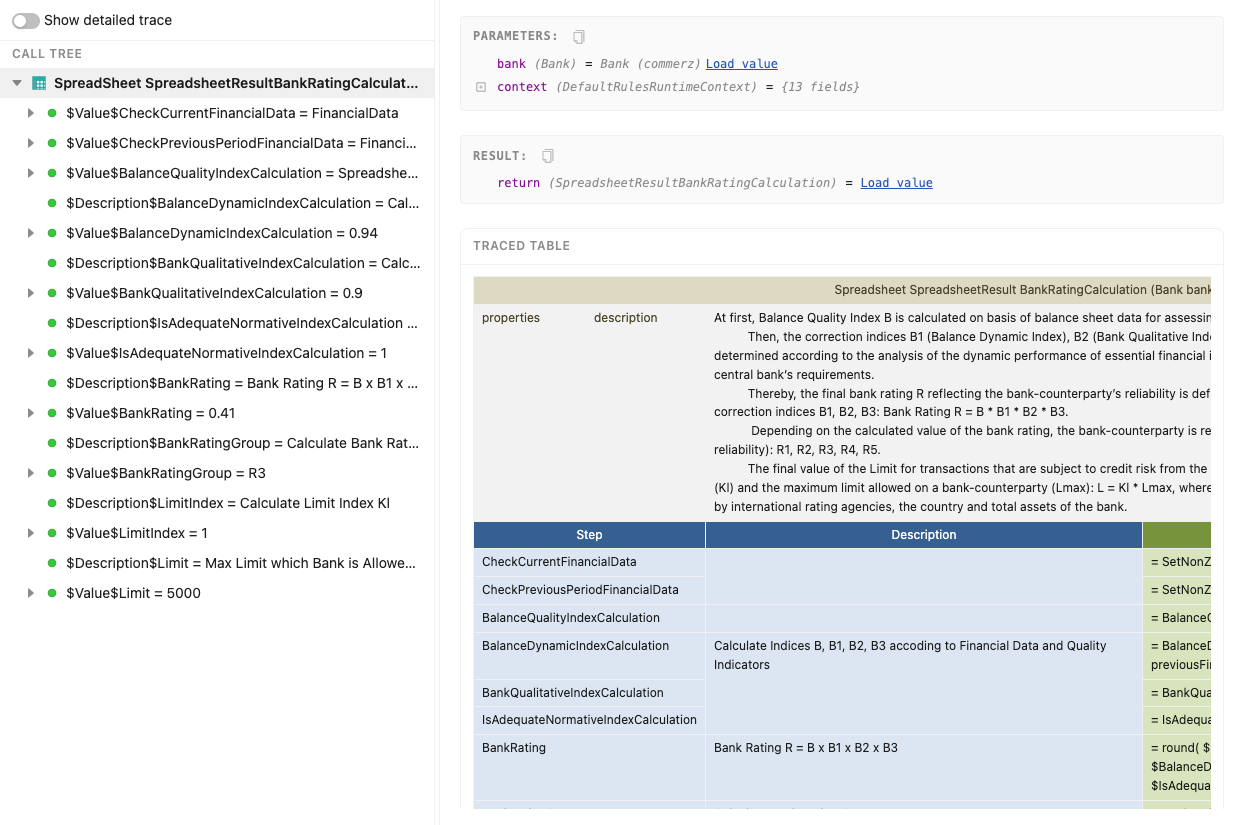 The business trace window Business trace window with the call tree and a rule's details