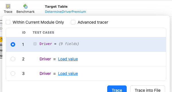 Starting a trace Trace button in the table toolbar with the trace panel open