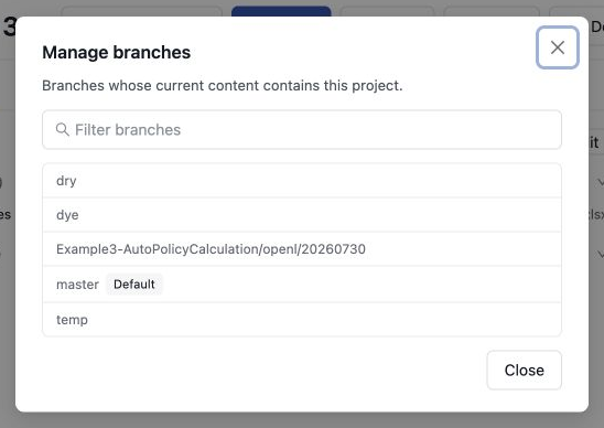 Viewing the Git branches that contain a project